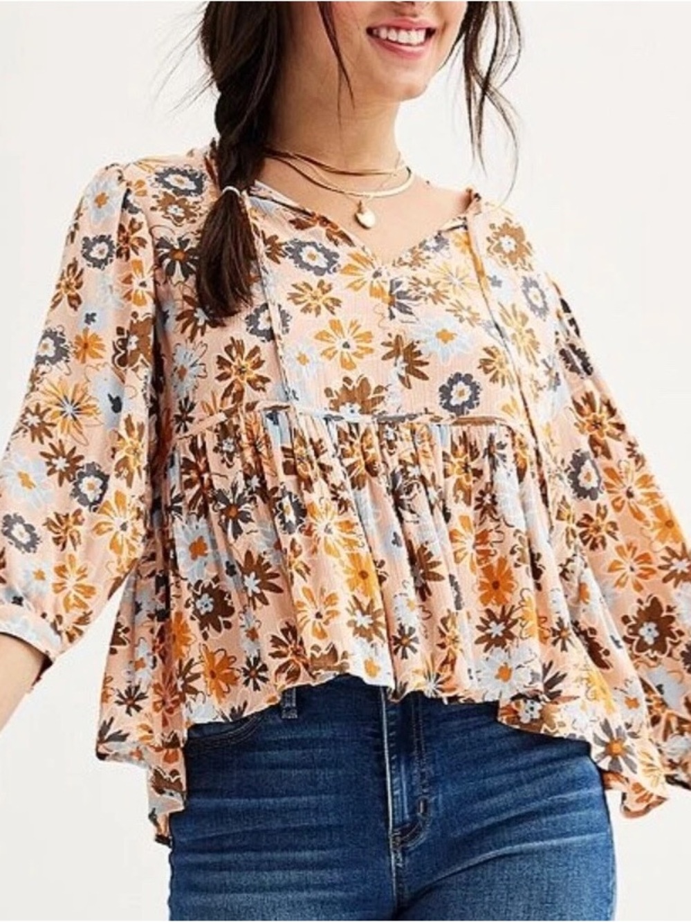 SO Peach Floral Peasant Blouse with Tie Neck